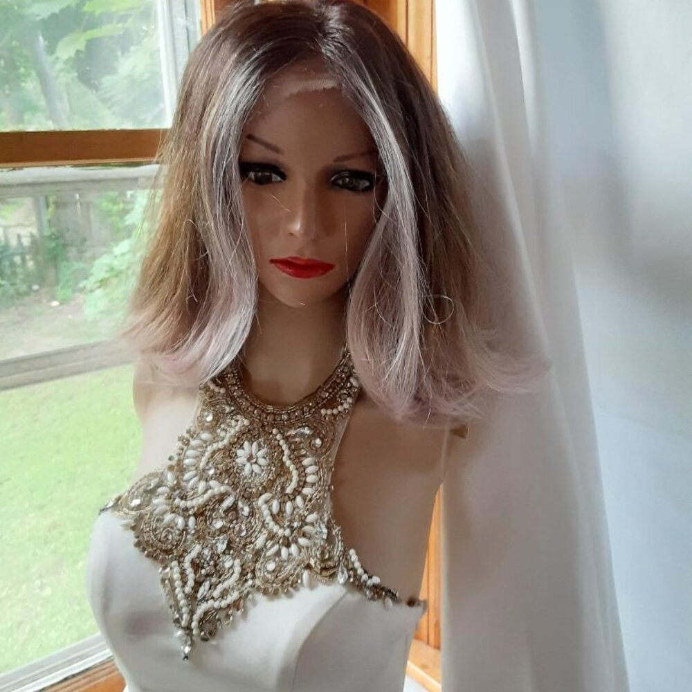 Brown and pink  lace front wig 14'' human mixed with synthetic heat friendly fib